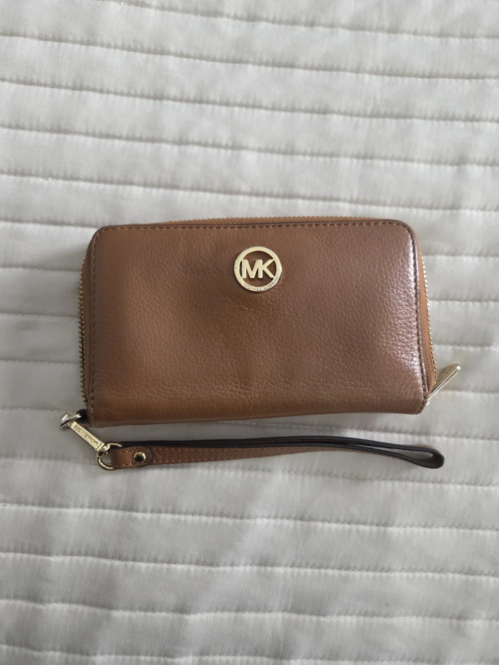 Michael Kors Cognac Leather Wristlet/Wallet with Gold MK Emblem